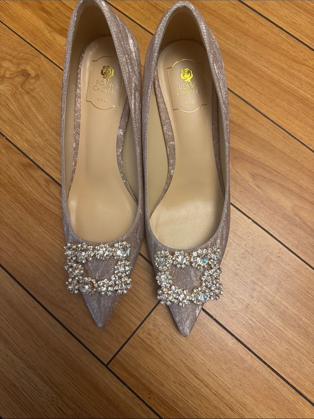 Pink Glitter Pointed Toe Flats with Crystal Buckle